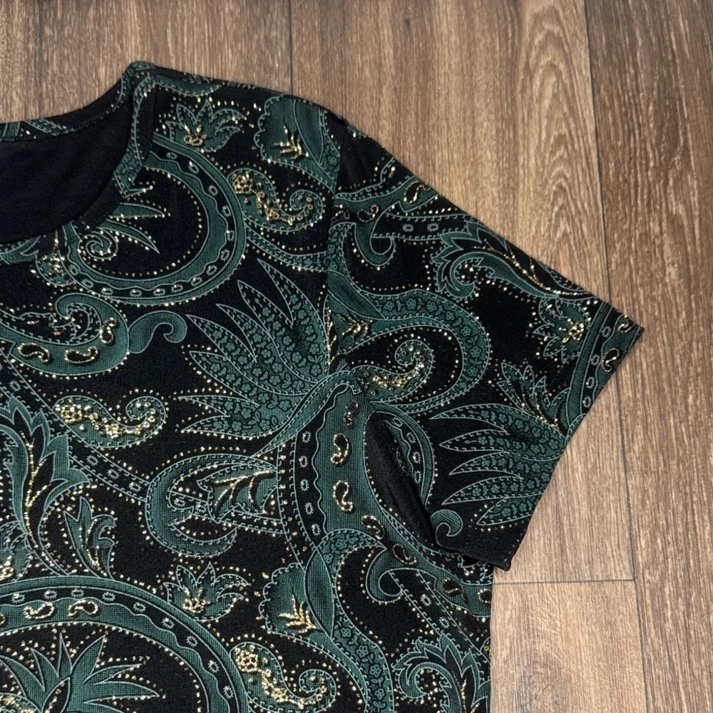 Jaclyn Smith Black and Green Paisley Short Sleeve Top Women’s Size XL - Picture 6 of 13